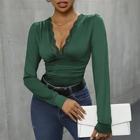 Benuynffy Sexy Deep V-neck Contrast Lace Bodysuit Women's Spring Fall Long Sleeve Club Party Elegant One-piece Body Tops - Image 3