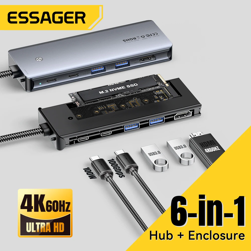 USB Hub Adapter Type C Docking Station USB Hub Converter Docking Station Essager 6-IN-1 USB C HUB USB C Docking Station Hard Disk Enclosure M.2 NVMe SSD Type-C to HDMI Adapter Macbook Pro