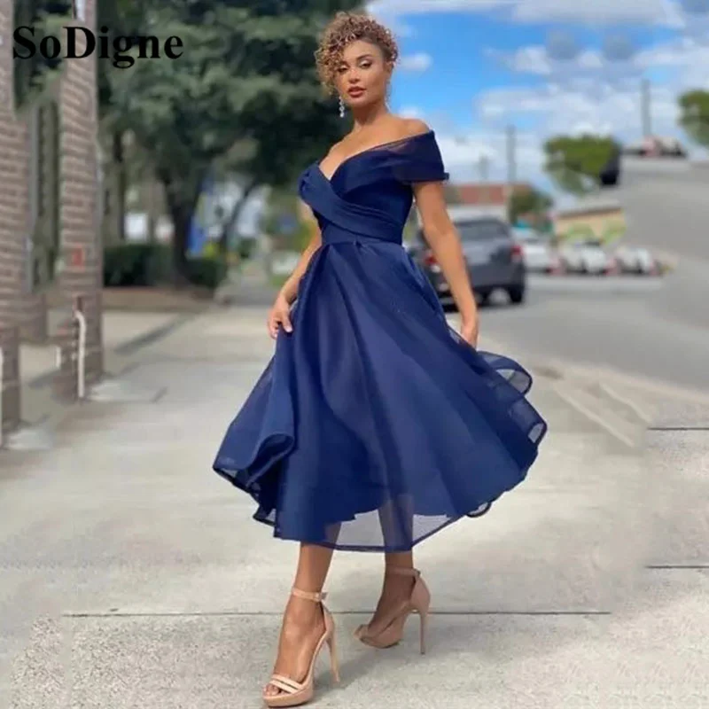 

SoDigne Navy Blue Elegant A-Line Formal Graduation Dress Off Shoulder Tulle Prom Party Dresses Dubai Evening Gown