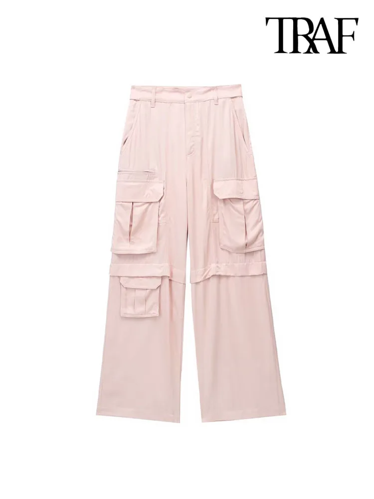 

TRAF Women Fashion Patch Pockets Cargo Pants Vintage High Waist Zipper Fly Female Trousers Mujer