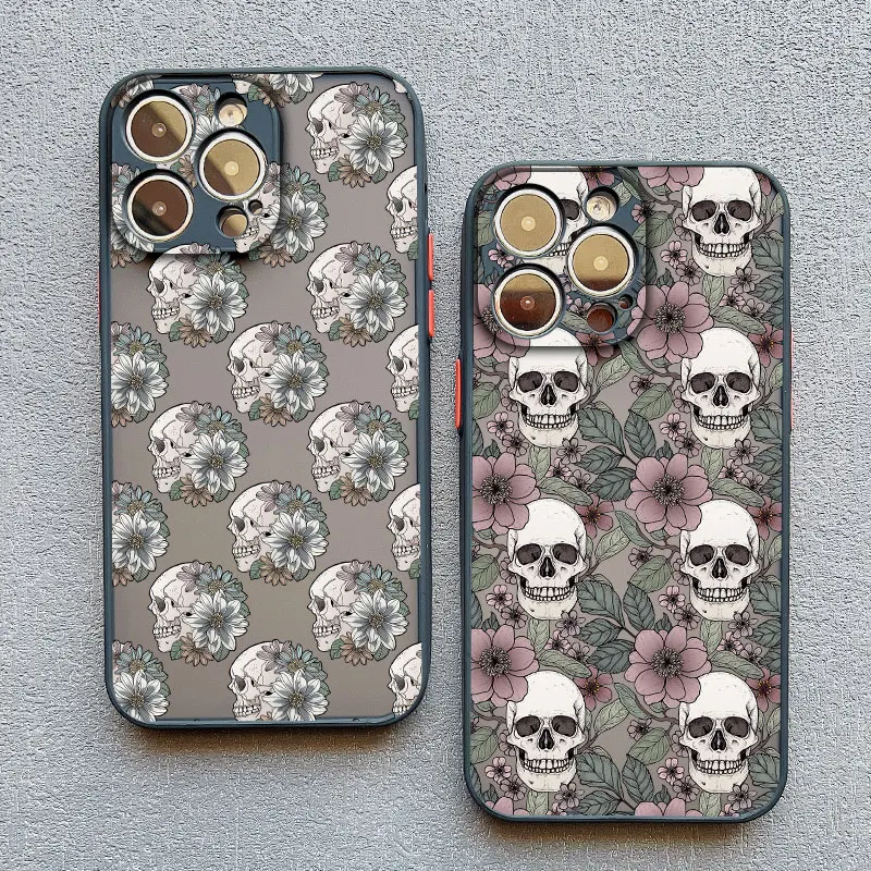 Elegant Skull Flowers Shockproof Black Phone Case