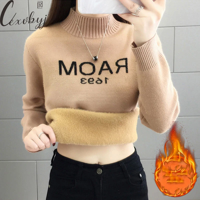 

Women Letter Print Imitation Mink Sweater 2024 Korean Winter Half Turtleneck Knitted Pullover All-Match Plus Velvet Knitwear Top
