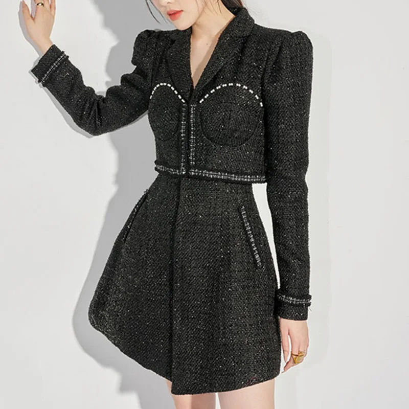 Women  Autumn Winter Tweed Long Sleeve Coat+ Mini Skirt Set Small Fragrance Black Fashion Chic Elegant Party Two-piece Lady Suit
