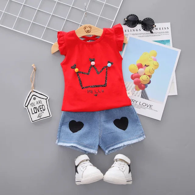 Summer Cute Cartoon 2PCS Kids Baby Girls Floral T-shirt Top Shorts Pants Set Clothes Girls Clothing Sets HuangGuan-red