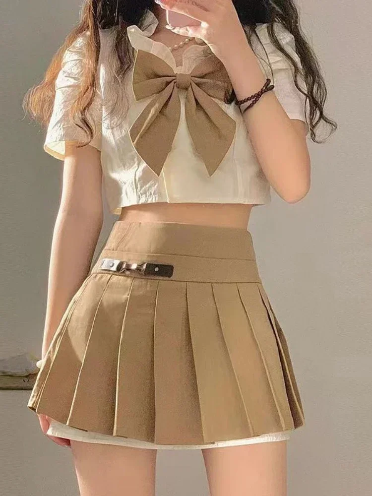 

Sweet Suit Woman Korean Fashion Crop Tops Bow + Casual Y2k Mini Skirt Party Vintage 2 Piece Set Office Lady 2023 Summer Chic