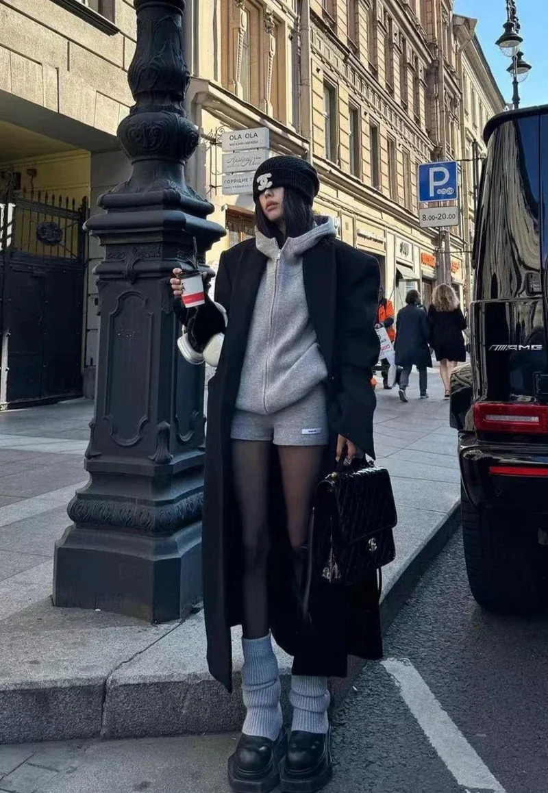 Y2k American Casual Sports Suit Lazy Hooded Cardigan Solid Color Loose Sweater Jacket Tight Shorts Gray Two Piece Set for Women 4