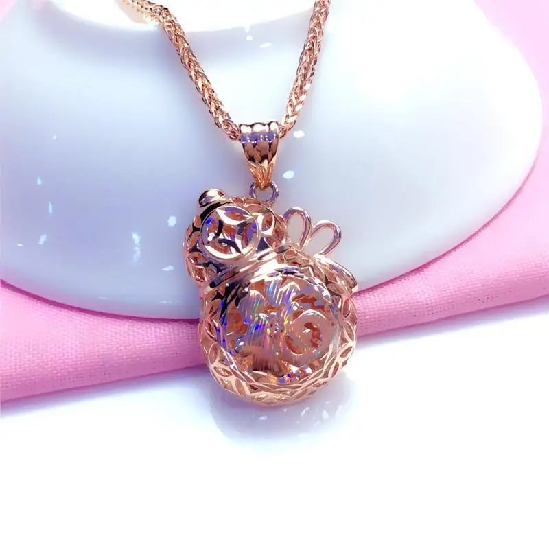 

585 Purple Gold New in Retro Chinese Style Gourd Necklace 14K Rose Gold Three-dimensional Hollow Craft Exquisite Wedding Jewelry