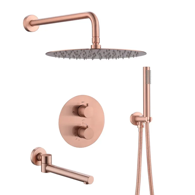 ชุดฝักบัวติดผนังแบบซ่อน รุ่น Brushed Rose Gold ควบคุมอุณหภูมิคงที่ ผลิตจากทองแดงแท้ หัวฉีดขนาด 10 นิ้ว สำหรับห้องน้ำหรูหรา 1