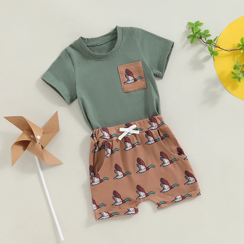 Baby Boys Clothes Toddler Summer Outfits Short Sleeve Duck Print Pocket T-Shirt Tops and Shorts Farm Baby Clothes