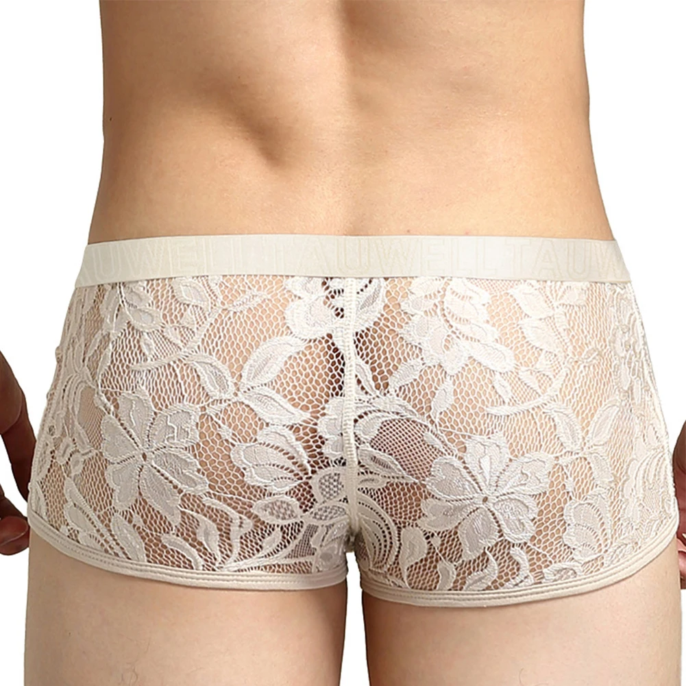 

Sexy Mens Low-Rise Boxer Briefs Lace Sheer Seamless Underwear Pouch Panties See Through Shorts Trunks Ultra-thin Lingerie