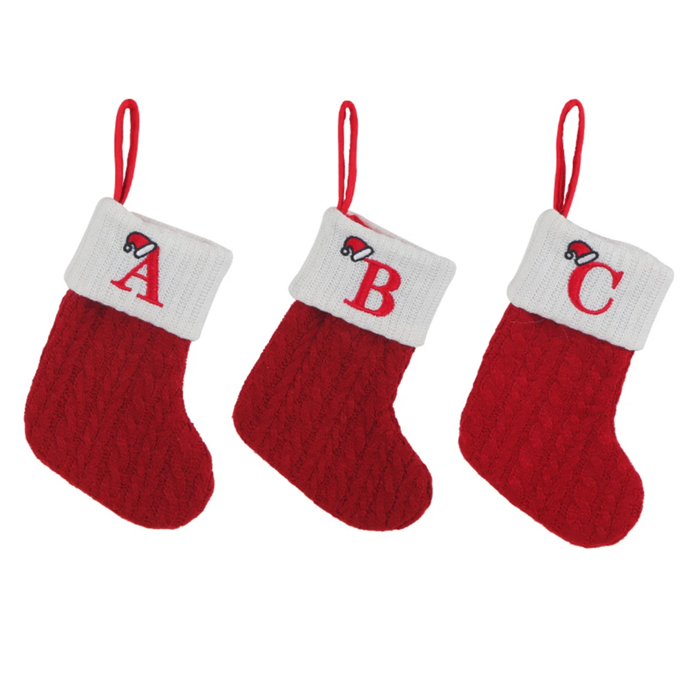 

Letters Christmas Knitting Stocking Christmas Tree Pendant Decorations for Home Xmas Gift Snowflake Alphabet Christmas Socks Red