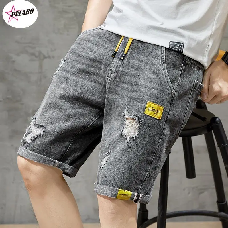 

PULABO Summer y2k Beach Casual Men Shorts Straight Ripped Knee Length Denim Shorts Drawstring Loose Hole Male Short Jeans