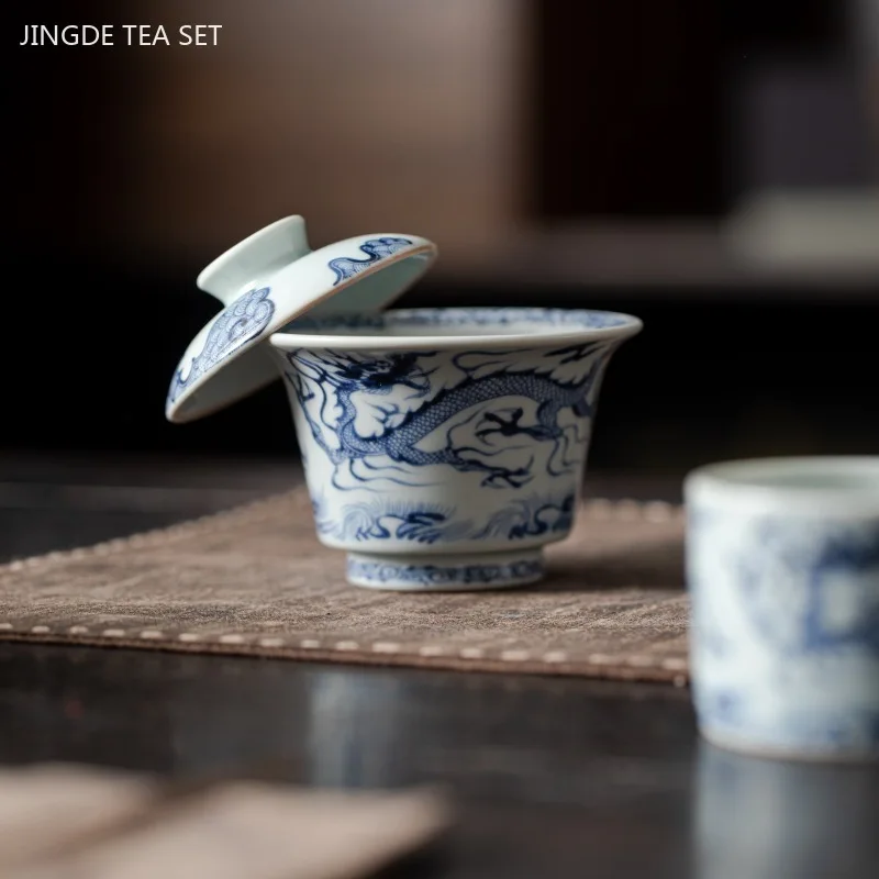 Jingdezhen Blue and White Porcelain Dragon Pattern Tea Set Handmade Beauty Gaiwan Tea Maker Exquisite Master Cup Chinese Tea Set