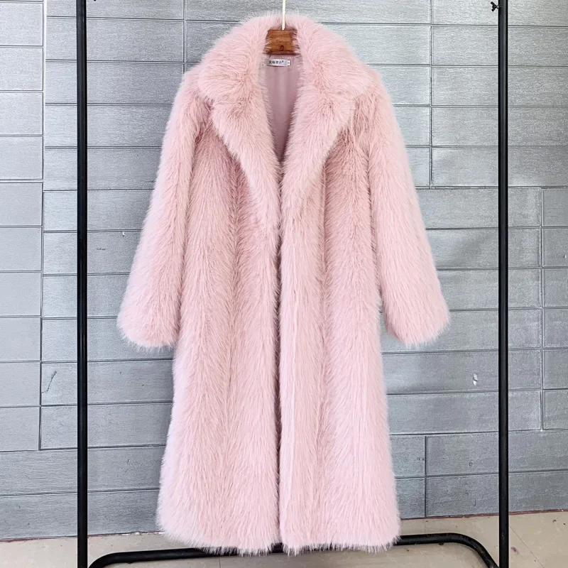 White Long Faux Fur Coat Women Autumn Winter Large Jacket Overcoat Turn Down Collar Pockets Thick Coat Warm Jackets Maxi Coats 2