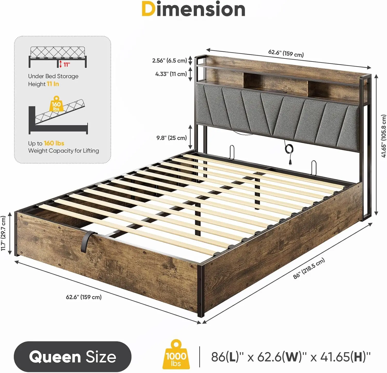 Bed Frames with Charging Station, LED Lights Bed Frames with Upholstered Headboard, Metal Platform Bed, 2-Tier Storage, Sturdy