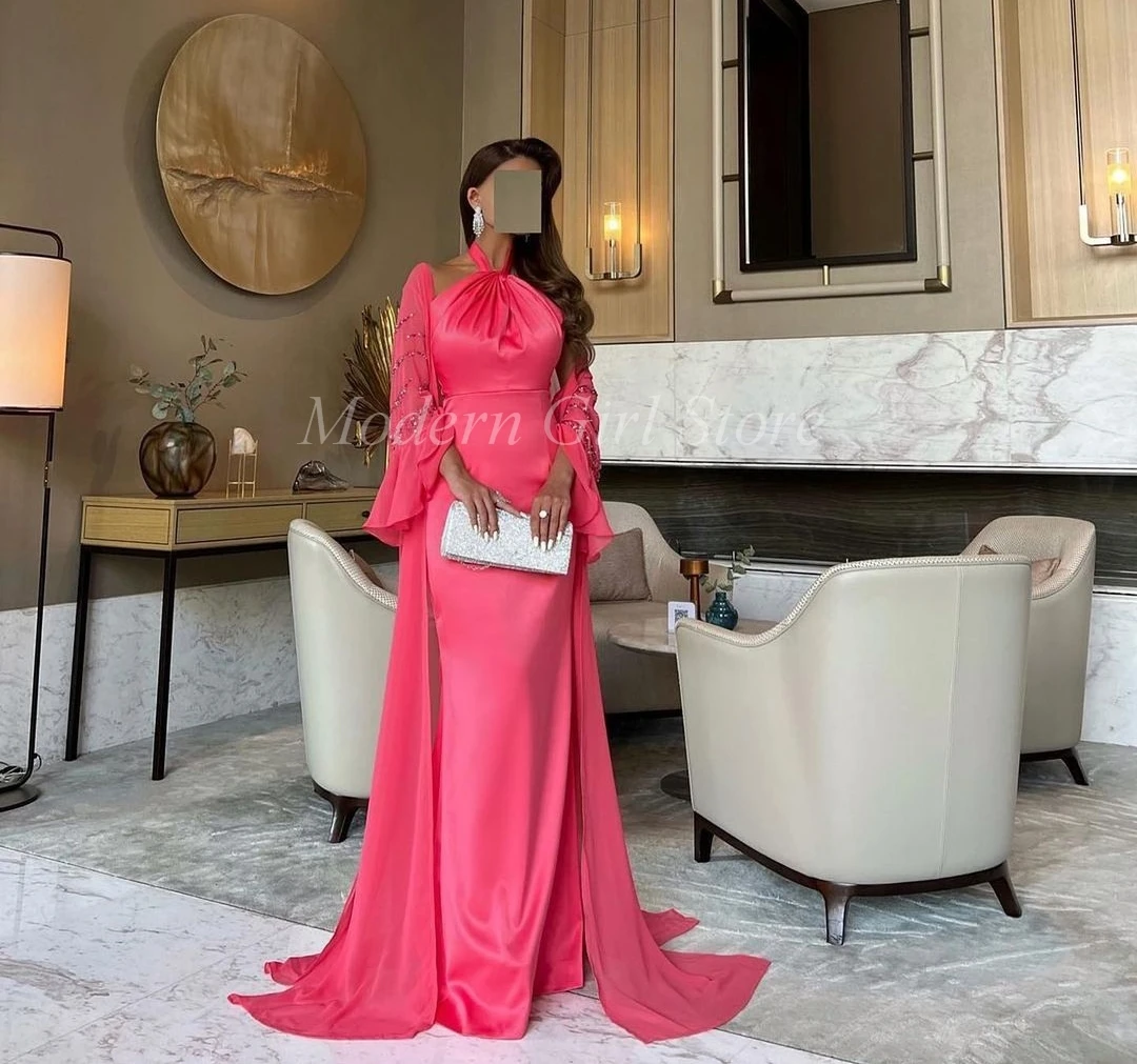 

Watermelon Red Chiffon Long Prom Dresses Sheath Halter Neck Beadings Floor Length Saudi Arabia Women Evening Party Dress