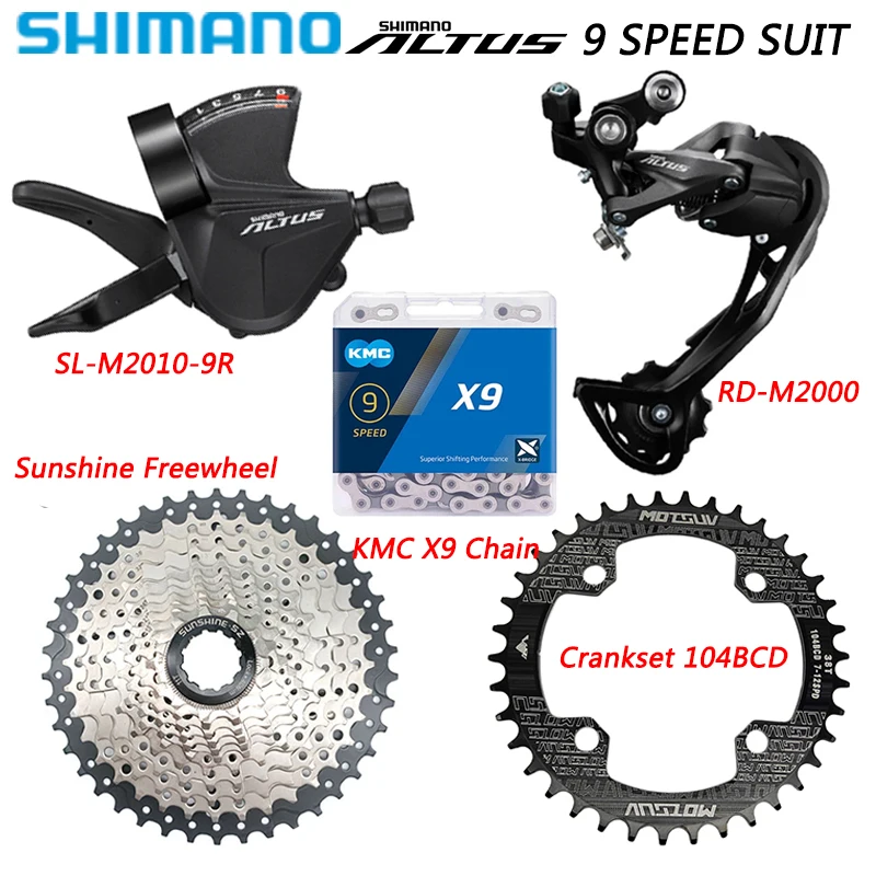 

Shimano ALTUS 9 Speed Groupset 9V Derailleurs Suit SL-M2010-9R Shifter Lever RD-M2000 Sunshine Casstte KMC X9 Chain 104BCD Crank