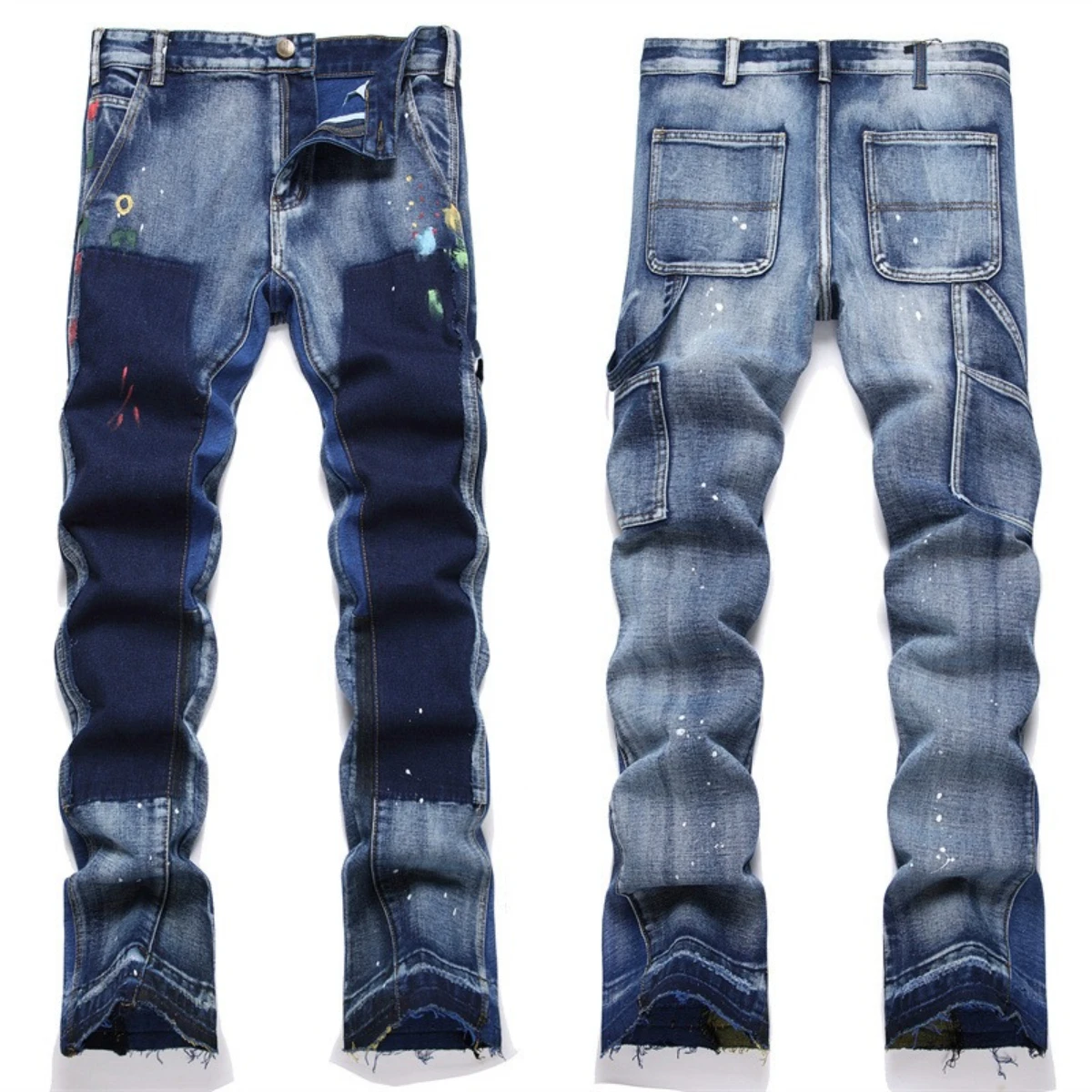 Splatted Ink Paint Dotted Jeans Men's Graffiti Popular Bleached Slim Fit Spotted Dotted High Elastic Ragged Edge Pants Splicing