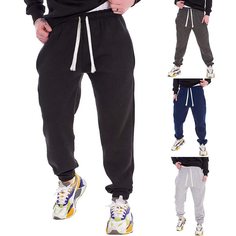 

New Men Sports Pants Solid Plush Running Man Trousers Loose Tie Foot Guard Pants Drawstring Cotton Clothes Fashion Casual Pants