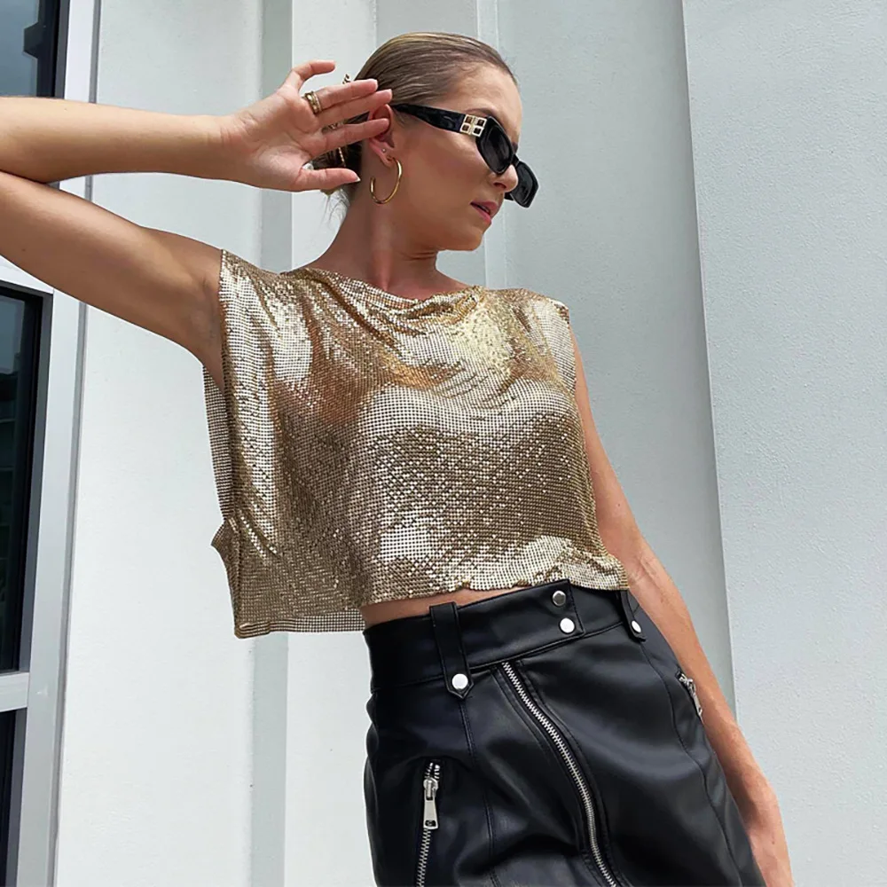 

Sequined Symphony Women Tank Tops Hollow Out Club Party Cropped Top Music Festival Luxury T Shirts