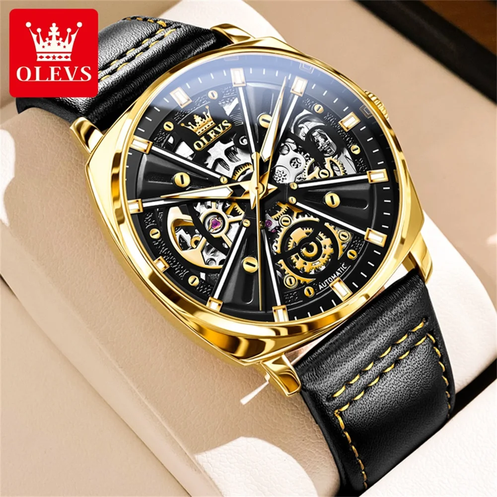 OLEVS 6685 Man Watch Waterproof Luminous Luxury Automatic Dress Leather Wristwatch Hollow Skeleton Mechanical Watch For Men
