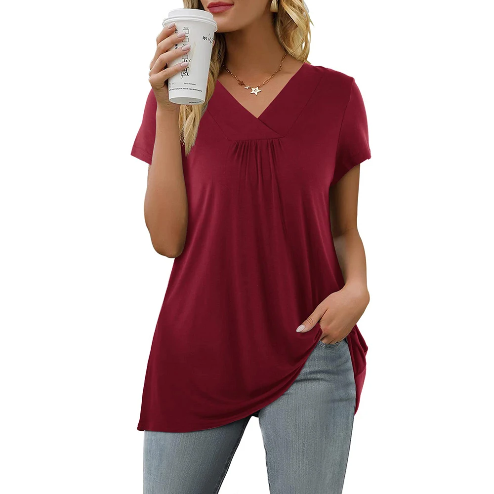 Damen Elegant Loose Fit Kurzarm Frühling T-Shirt V-Ausschnitt Casual Loose Basic Tunika Top Sommer Baumwollmischung Bluse Free87_voghion.com