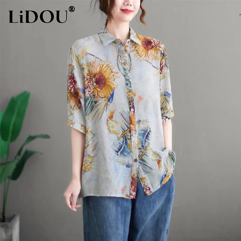 Spring Summer Vintage Fashion Refreshing Lively Tops Women Loose Buttons Print Lady Blouse Paisley Casual Floral Female Shirt