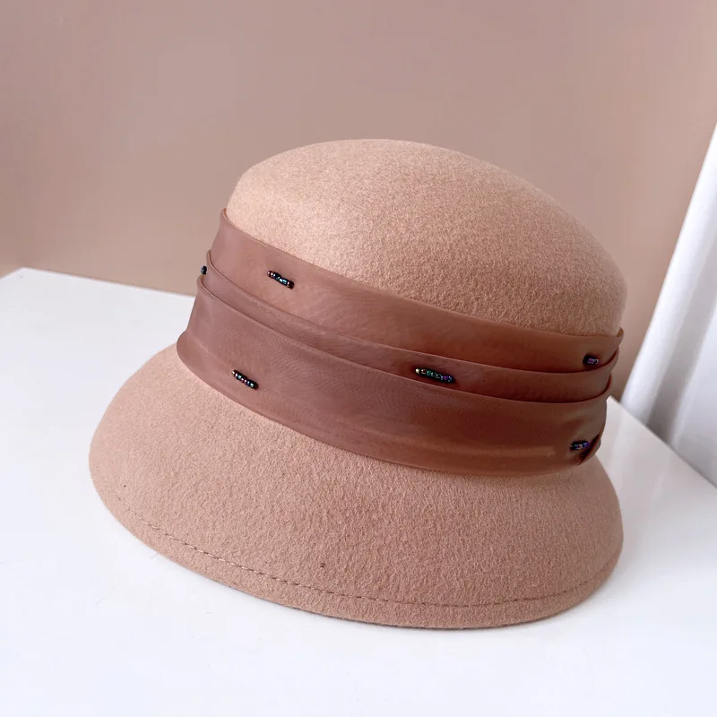 

Elegant fashion Heben-style pleated light gauze fisherman hat warm top hat French style style basin hat Australian wool felt hat