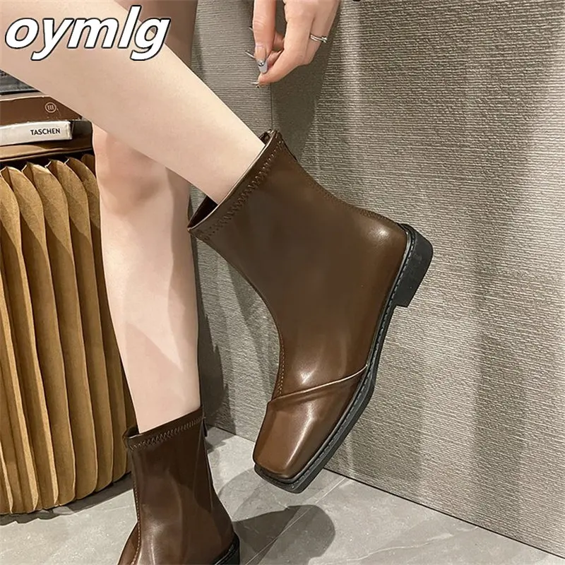 

Женские ботильоны на толстом каблуке, Новинка осени 2022, ботинки телесного цвета с квадратным носком, однотонные ботинки на низком каблуке, подходящие ко всему искусственные ботинки на молнии сзади