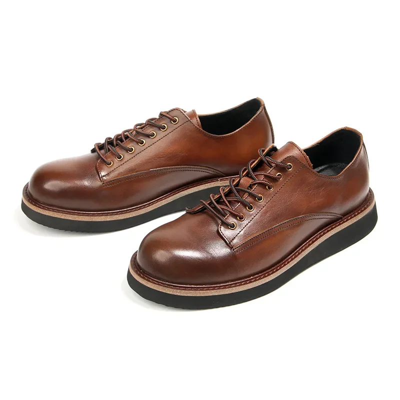 

Genuine Leather Shoes for Men Retro Casual Shoes Round Toe Lace-up Men Flats Business Dress Shoes