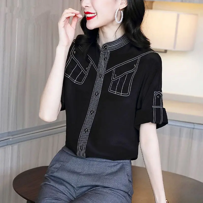 

Stylish Solid Color Bright Line Decoration Blouse Female Clothing Patchwork Summer Vintage Stand Collar Single-breasted Shirt