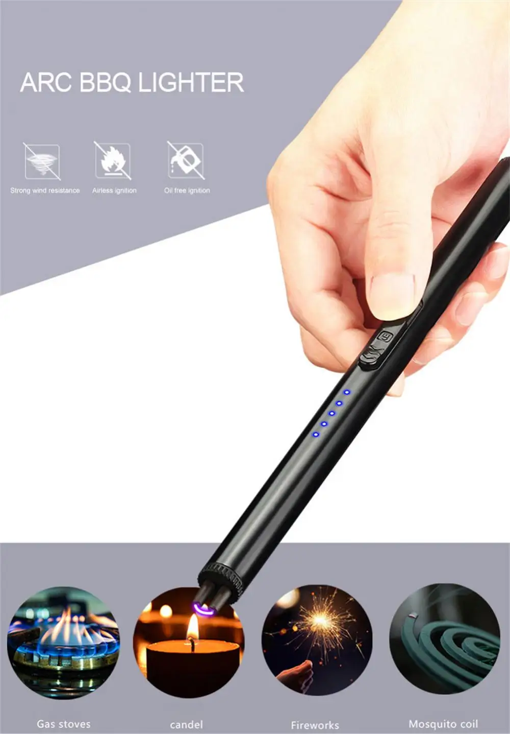 Description Picture 5 of itemUSB Electric Rechargeable Long Kitchen Lighter for Stovetop Windproof LED Plasma Candle Unusual Lighter For Men Christmas Gift
