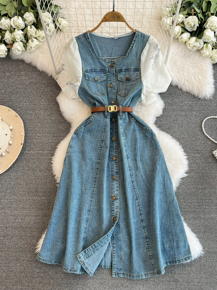 Summer 2024 Denim Dress New Patchwork Bubble Sleeve with