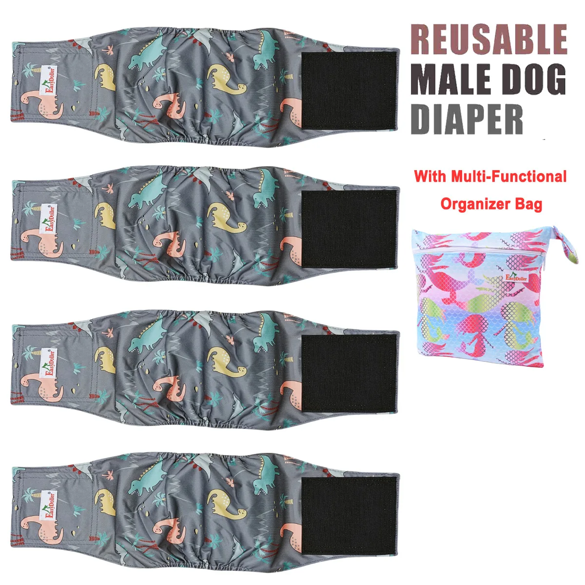 Pet Male Dog Diaper Washable Reusable Nappy Belly Band Wrap Sanitary Pee Pant Adjustable Leak Proof Diapers For Puppy 4 Pack