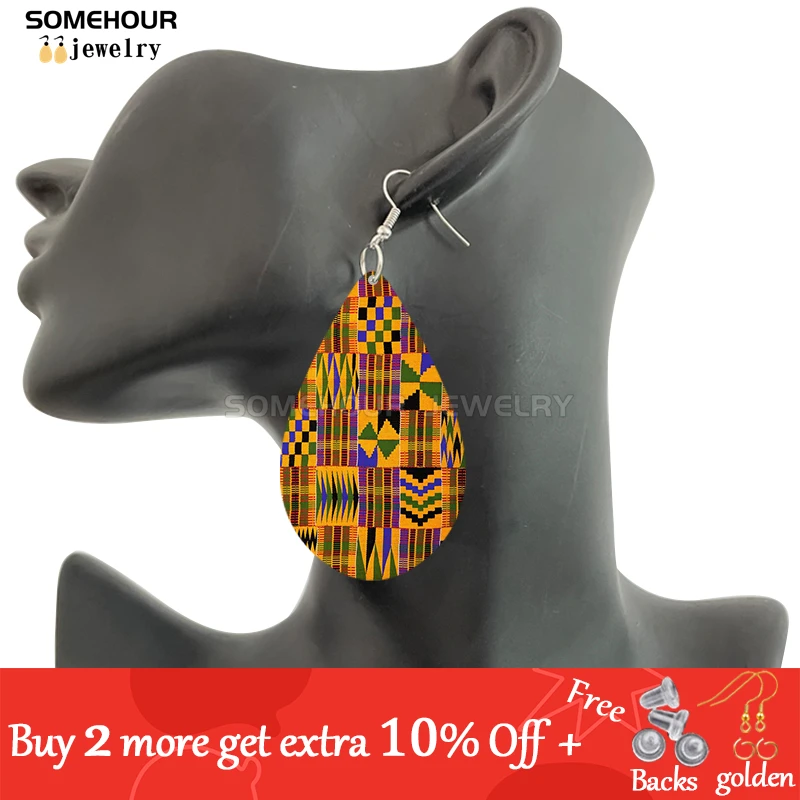 SOMEHOUR Fashion Boho Geometric Wooden Drop Earrings African Ethnic Fabric Print Ankara Plaid Ear Dangle Jewelry For Women Gifts 2