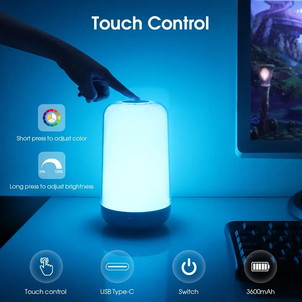 LED RGB Smart Touch Lamp Dim Color Change USB Rechargeable Night Light for Kids Gift Desk Bedside Camping Breastfeeding Lighting