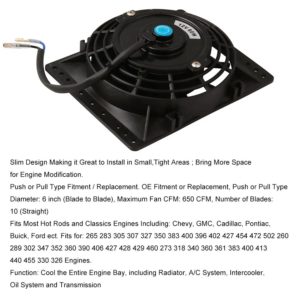 6 Inch Slim 650CFM Radiator Cooling Fans Universal Slim Pull Push 12V 80W Direct Replacement Electric Fan with Mount Kit electric fan