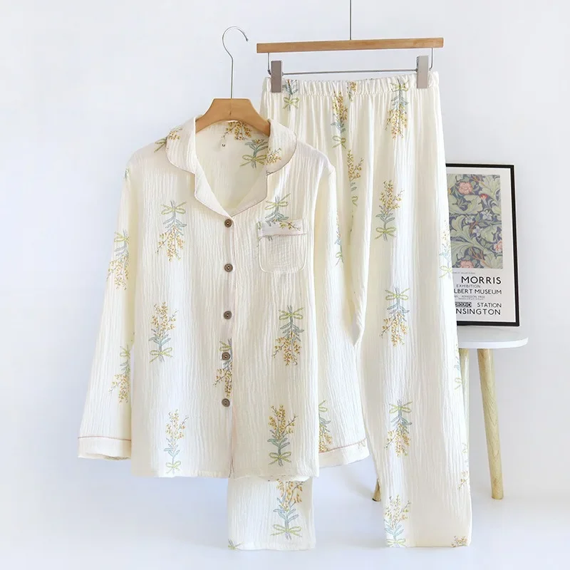 

Comfortable 100% Cotton Gauze Pajama Set Flower Print Women's Sleepwear Long Sleeve Autumn Spring Pijamas Home Clothes