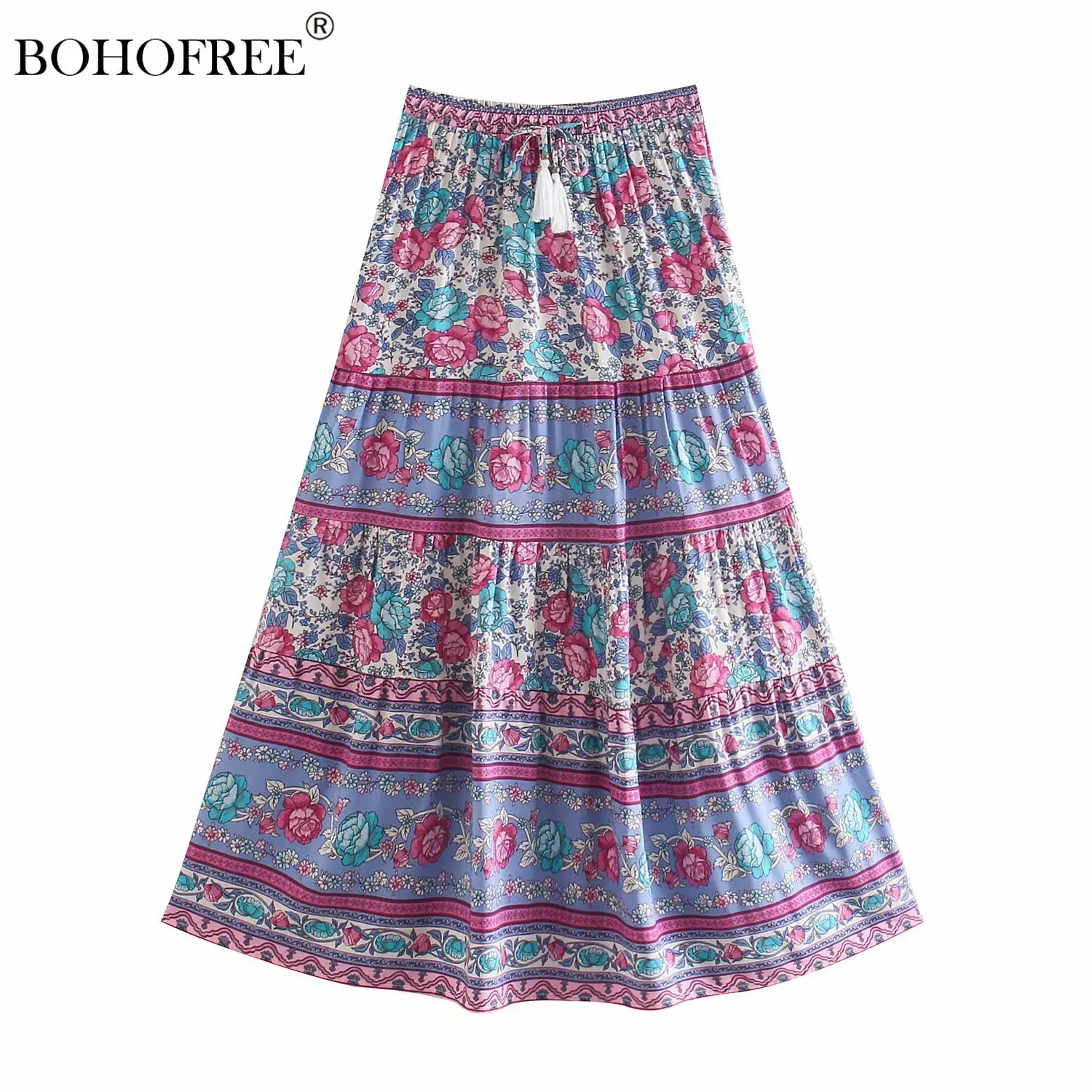 

Boho Vintage Floral print maxi Hippie Fadal Casual Summer beach Elastic Waist Bohemian Rayon Cotton Skirts
