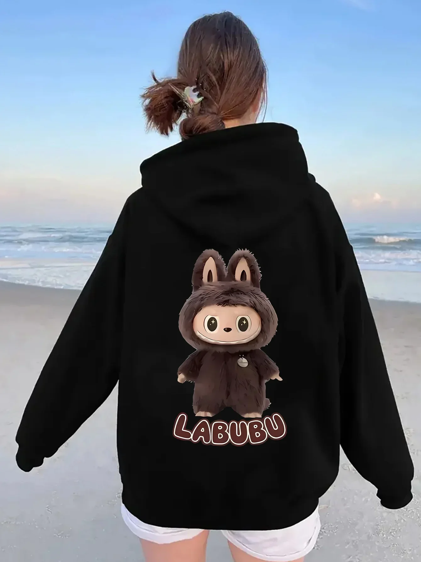 Labubu Cartoon Print Hoodie for Women – Casual Polyester Pullover with Stretch & Alphabet Pattern, Cozy Hooded Sweatshirt 2