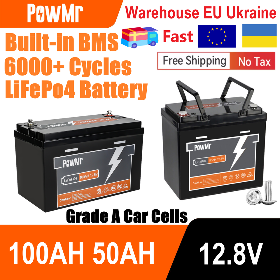 PowMr 50AH 100AH LiFePo4 Battery Pack 12V Lithium Iron Phosphate Battery 4000+ Cycle Built-in BMS Rechargeable Camping Car Cells