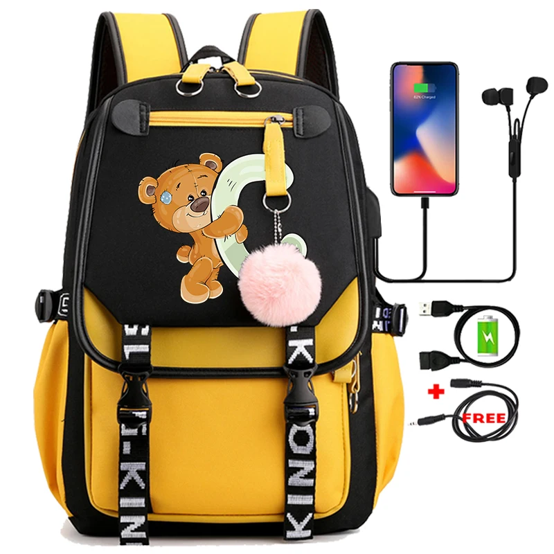 

Милый маленький медвежонок, 26 дюймов, ученический школьный рюкзак с английскими буквами, уличный рюкзак для девочек-подростков, мультяшная сумка для книг, дорожный рюкзак для ноутбука