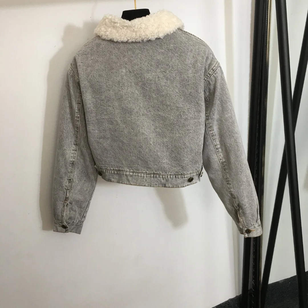 

New Women's Winter Casual Extra Thick Warm Lamb Wool Inner Wool Collar Long Sleeve Jacket Short Denim Jacket Grey