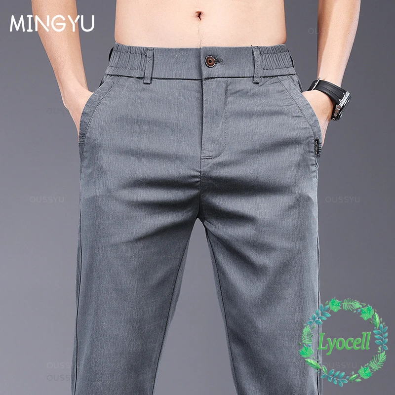 MINGYU Brand Clothing Summer Lyocell Fabric Casual Pants Men Thin  Slim Elastic Waist Business Grey Black Korea Trousers Male