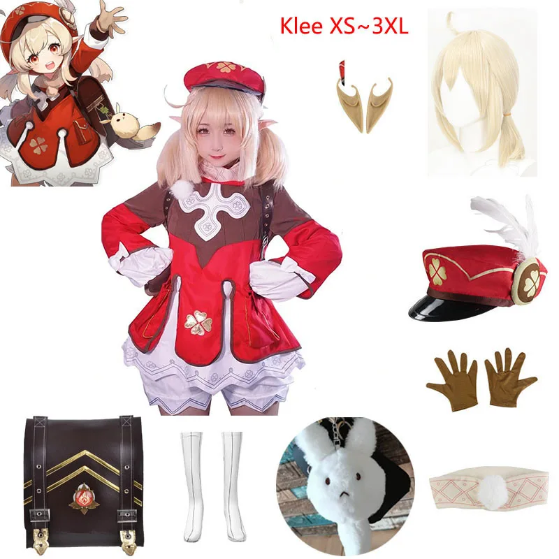

Game Genshin Impact Klee Cosplay Costume Wig Loli Dress Klee Wig Backpack Halloween Party Cosutme