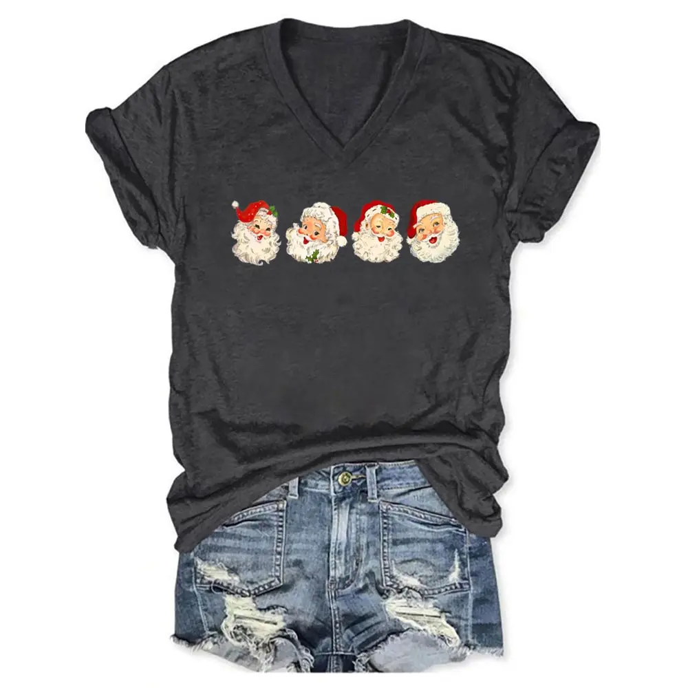 

Rheaclots Retro Cheerful Santa Printed V-neck Short Sleeve T-Shirt