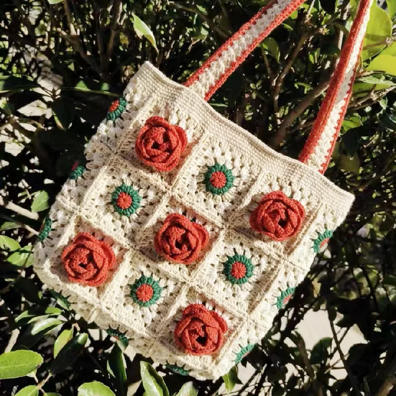 Handwoven flower bag, women's shoulder bag, sunflower patchwork handbag, fashionable and casual shopping bag