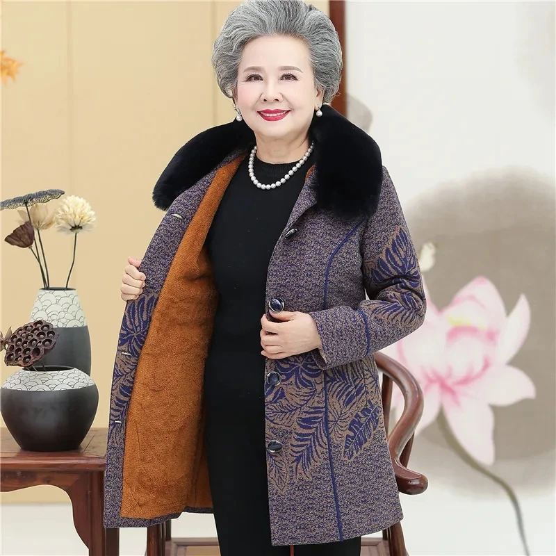 Fleece Warm Winter Coat Elderly Women's Grandmother's Dress Autumn Woolen Coat Fur Collar Mid-Length Coat Mother Jacket Suit my grandmother sends her regards and apologises