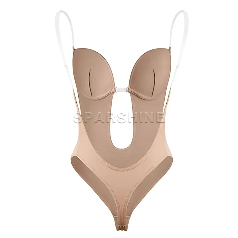 Women Sexy Deep V Waist Trainer Body Shaper Backless Bodysuit Clear Strap Flat Belly Push Up Padded Bra Shapewear