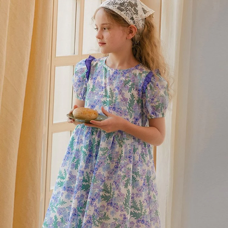 

Платье с цветочным принтом для девочек, лето 2024, милые детские платья с рукавами-пузырьками и ушками, Модные Платья с цветочным принтом для детей среднего и младшего возраста
